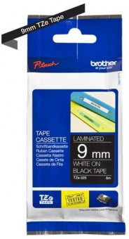 Плёнка для наклеек Brother TZE-325 белый шрифт на чёрной основе, 9мм*8м, купить в Краснодаре