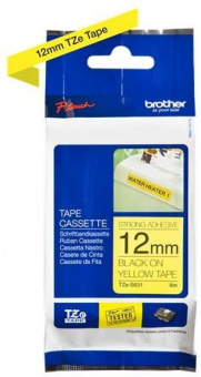 Плёнка повышенной адгезии для наклеек Brother TZES-631 чёрный шрифт на жёлтой основе, 12мм*8м, купить в Краснодаре
